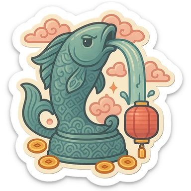 elongated fountain shaped like a serious fish with a water stream flowing from its mouth, retro-stickers style, eastern decor with patterns, clouds, coins, lanterns, detailed drawing with shadows and highlights, thin clean contours, soft rounded shapes, pastel palette #98B5BC, #B5B3C1, #C9A3C9, #E4C0CA, #F7DCD1, #F7C0AA, modern Japanese pop art, soft lighting, transparent background sticker