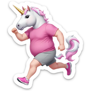 friendly anthropomorphised male white unicorn with an extra chunky, very strong and stocky build, arms and legs matching the white of the head, in grey shorts and pink t-shirt, wearing dark sunglasses, jogging upright in a relaxed pose sticker