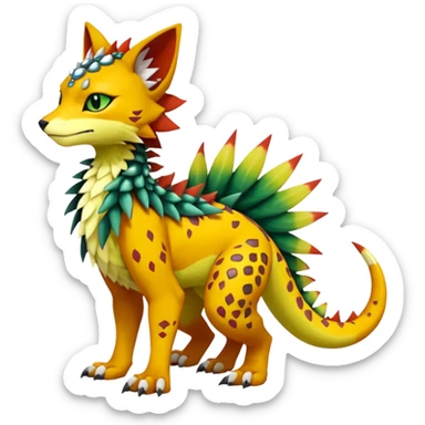 Kawaii cute reddish orangish yellowish greenish exotic tribal beautiful pretty elegant divine edgy feline-vernid-sergal-Fakémon-Pokémon-Digimon-fursona-animal-creature with accessories, jewelries, full body, with intricate detailed markings, furs, fins, scales, spiny sticker