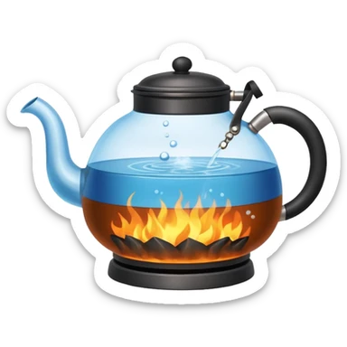 a small pot or kettle filled with water placed on fire, the water is boiling intensely with visible steam and bubbles rising, bright lighting, clean white background



 sticker
