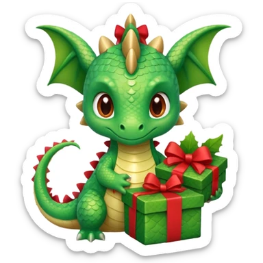 a cute baby dragon is holding a carton gift with red ribbon sticker