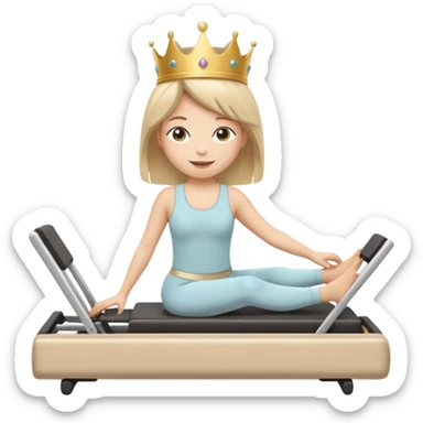 Cute sticker emoji of a “Pilates Princess” doing Pilates on a reformer machine. She is wearing beige activewear with a tiny crown. Soft kawaii style, round shapes, happy face. White outline, vector, transparent background. sticker