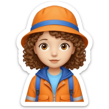 A little girl student curly brown hair, with beige bucket hat, orange jacket, blue backpack sticker