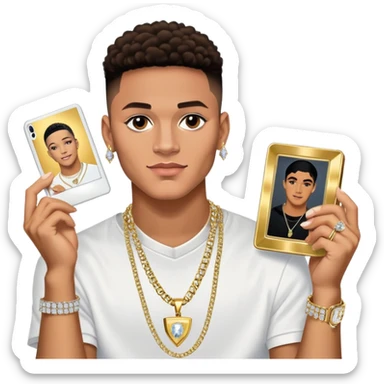 Internet celebrity Josh King Madrid jetset wearing shiny diamond earrings and sparkly iced out diamond tennis necklace chains with tefi valenzuela sitting with him holding gold polaroid celebrity tv show filming  sticker