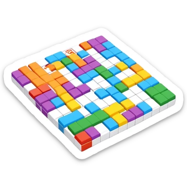 A photorealistic icon with a colorful, fragmented crossword magazine, a 3D puzzle, and a partially completed puzzle on a table. Bright, detailed design with realistic lighting. Transparent background, clearly symbolizing puzzles and brain games. sticker