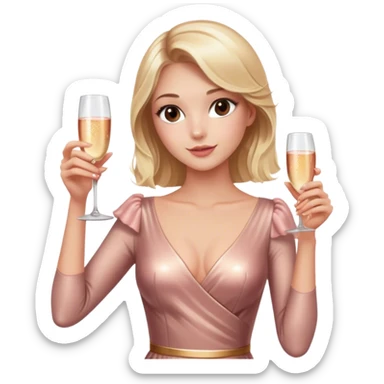 Pretty Blonde model, brown eyes, wearing a rose gold dress with sleeves, raising a glass of champagne sticker