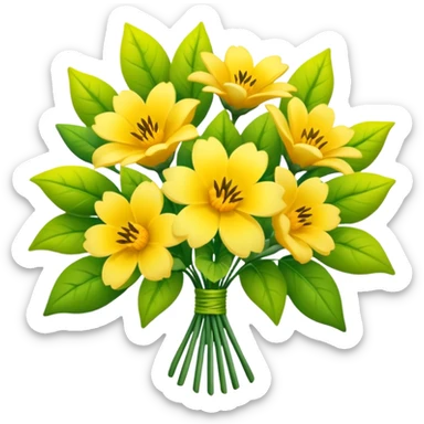 Generate a high-quality image of a bouquet of flowers dominated by yellow blooms, with a mix of green leaves, realistic colors and shading, smooth gradient colors, no human figures, no facial features, no brand markings, simple white background, high-resolution.
 sticker