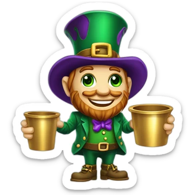A mascot leprechaun green and purple cartoon character with a gold pot to my company ProsperOn sticker