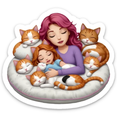 girl with long wavy brown hair, long lashes makeup, sexy pink lips, light to medium complexion,  sleeping on a cozy pillow, with 6 cats: 1 ginger/white, 1 grey with white paws, 1 calico, 2 grey and white and one tabby and white sticker
