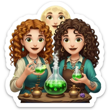 forest alchemist duo two women curly long hair tattooed and short brown mullet mixing glowing moon potion together excited faces sticker