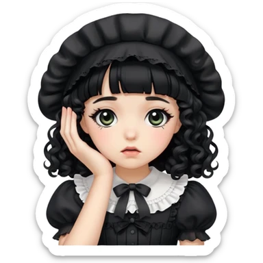 girl wearing a black bonnet and a black lolita dress with black bangs and black curly hair facepalming  sticker