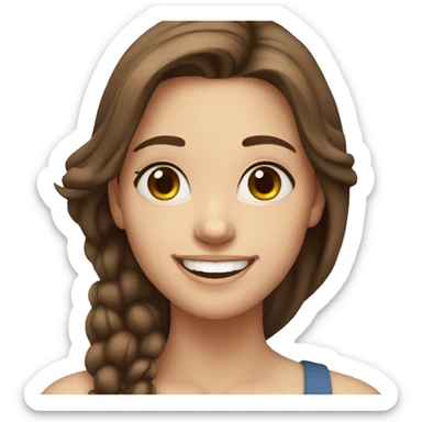 19 year old girl, long  brown hair styled not tied up, white skin, blue eyes, laughing sticker