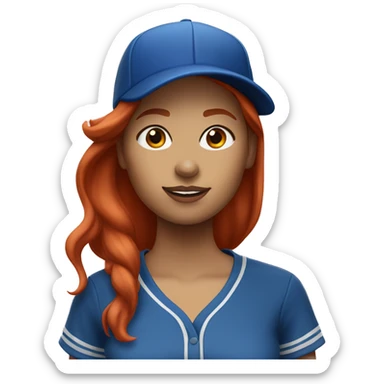 front facing standing female coach with long red hair, wearing a white t-shirt and a simple baseball blue hat sticker