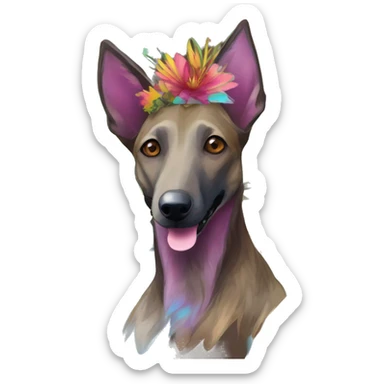  brindle brown black maroon gold lurcher Alsatian fox running blue eyes and iridescent holographic oilslick harness wearing paper iridescent tropical flower crown yellow caution tape sticker