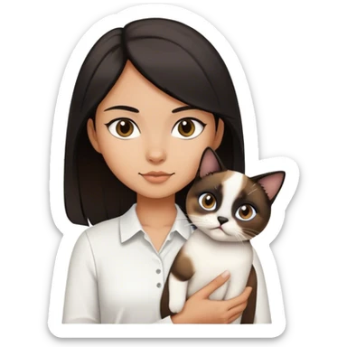 A girl with medium brown to black hair wearing a white shirt and holding a Siamese cat   sticker