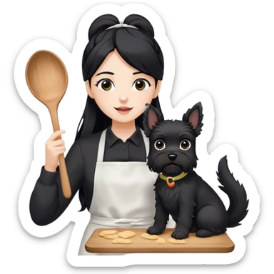 pale girl with long black hair wearing black long sleeve tshirt wearing apron and baking holding black floppy ear schnauzer no tail sticker