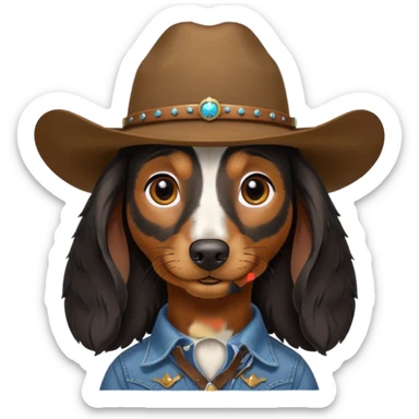 mostly black with some brown long hair daschund with a cowboy hat sticker