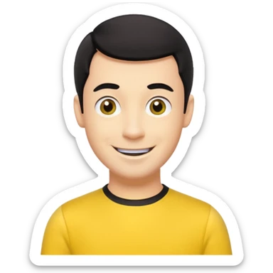 Greg Wiggle of The Wiggles with light skin, black hair, hazel eyes, yellow skivvy shirt sticker