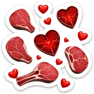 Ethereal red steaks, liver, and dark meat cuts floating alongside a glowing bone marrow. They transform into bright red blood cells that flow toward a heart at the center. The heart pulses with energy that radiates throughout a silhouette of a body, illustrating how heme iron creates vitality. sticker