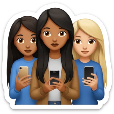 3 brown girl friends with a phone on their hand, one with black long hair, one with brown hair long and the other one with black and blonde hair,  sticker