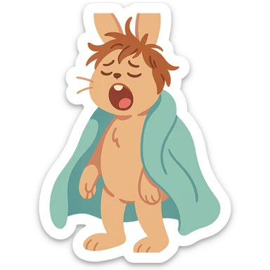 full-body pale brown bunny yawning with messy hair, blanket over shoulders, pastel-toon style sticker