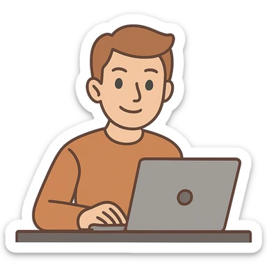 flat toon style man with light brown hair and green eyes sitting in front of a laptop sticker