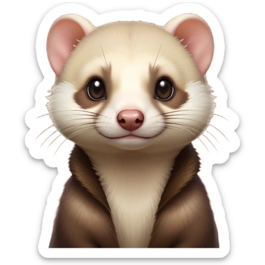 Cinematic Noble Ferret Portrait Emoji, Poised and dignified, with a sleek, elongated body and a distinct ferret head featuring a pointed snout, small, rounded ears, and intelligent, beady eyes, covered in soft, sleek fur with natural brown and cream hues, Simplified yet sharp and sophisticated features, highly detailed, glowing with a warm, natural glow, high shine, exuding an air of quiet confidence, focused and watchful, soft glowing outline, capturing the essence of a clever and majestic ferret that feels as though it could leap from the screen with effortless grace! sticker