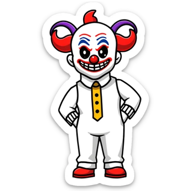 full-body demonic clown in a white leisure suit with bellbottom pants, bald, with black ram horns sticker