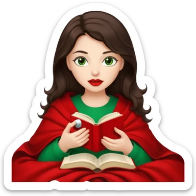 Long wavy dark brown haired, white skinned, dark big green eyed girl with red lipstick wrapped in a red blanket, sipping tea and reading a book sticker