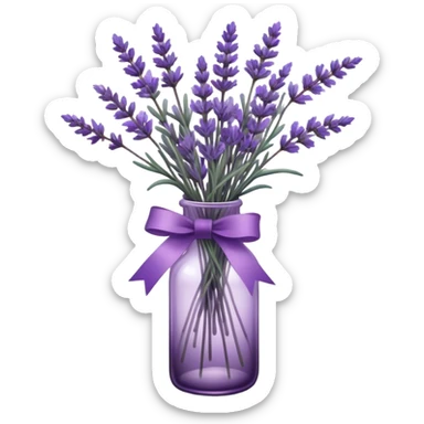 A vintage glass bottle, filled with delicate lavender stems in varying shades of soft lilac and deep aubergine, is adorned with a hand-dyed violet ribbon tied into a gentle bow. The light filters through the dusty glass, casting shadows of lavender sprigs onto the lace-covered surface, as if capturing a fleeting moment of serenity.






 sticker