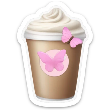 Latte coffee with the pastel pink glass and a pink butterfly sticker sticker