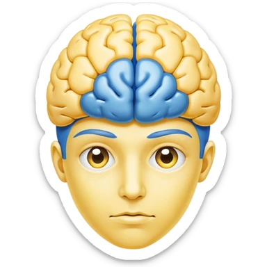 A real person face emoji, skin is emoji yellow, and hair is replaced by a blue brain sticker