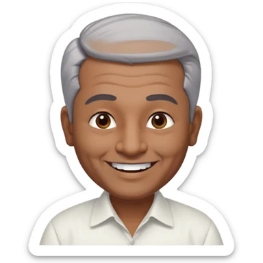 50 yr old indian man, dark skin, grey hair, big smile, white teeth, chubby, no moustache, clean shaven, young style hair, hair brushed back, 5 oclock shadow, bindy, dress shirt, forehead dot sticker