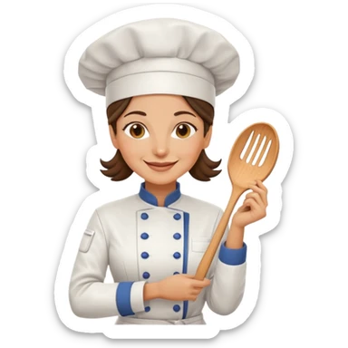 Italian woman chef in her 40's smiling wearing a chef uniform sticker