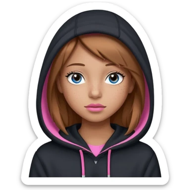 Create a teenage girl with straight light brown hair, tan skin, light freckles, and blue-grey eyes. She will have pink lips and long black eyelashes. She will be wearing a big black hoodie. sticker