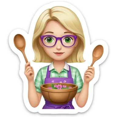 woman with blonde shoulder length hair, purple glasses, green eyes, flower apron, holding bowl and spoon sticker