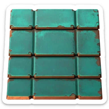3D render of Roof Tile, heavily oxidized copper texture, verdigris patina, Aged green copper shingle, weathered bronze aesthetic, ancient decay, emoji style, isolated on white background --v 6.0. sticker