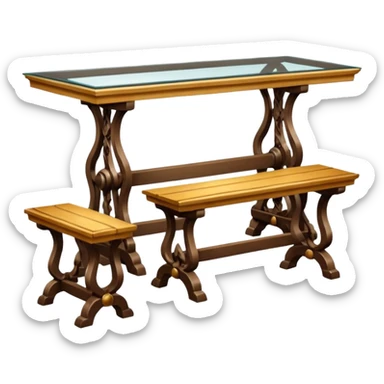 A glass topped rectangular trestle table with 2 benches on the long sides and 2 thrones at the ends sticker