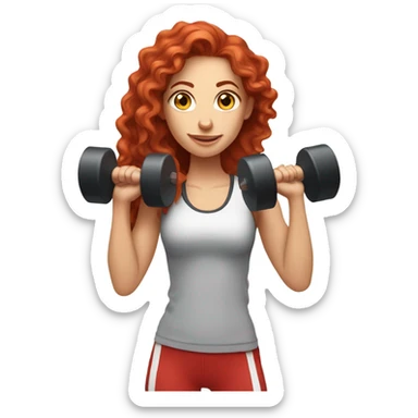 Sporty white Girl coach with long curly red hair doing exercice with light weights sticker