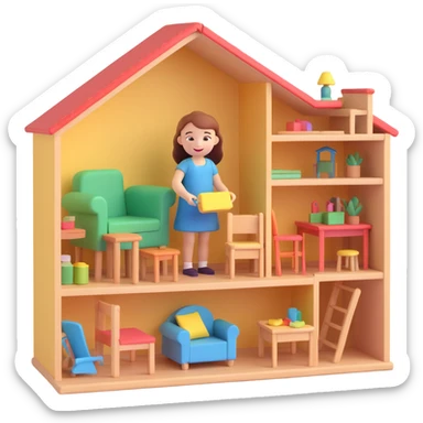 smiling girl arranging furniture in doll house sticker