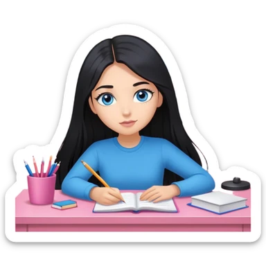 Girl with long black hair, blue sharp eyes, eyelashes, studying on a pink desk sticker