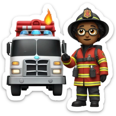 Harry Potter as a firefighter, wearing a fire helmet and protective gear, with his wand in hand, standing heroically in front of a firetruck sticker