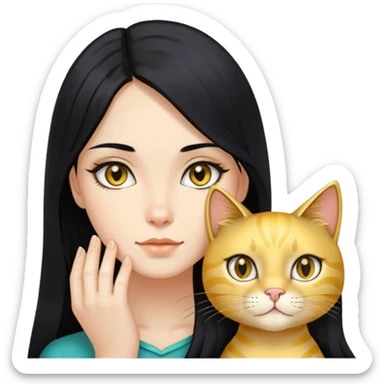 long black hair girl with black eyes with gold cat sticker