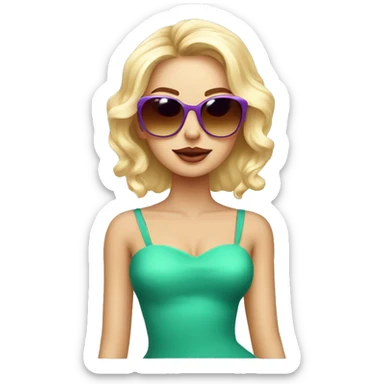 A girl of model appearance, blonde in fashionable sunglasses, with a rich appearance, bright provocative dress and makeup sticker