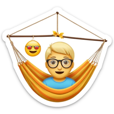Créer un emoji stylisé et coloré représentant le week-end, joyeux et relaxant. L’emoji doit être rond, lumineux, avec un visage souriant ou des lunettes de soleil. Ajouter des éléments évoquant le repos ou le plaisir : café, hamac, soleil, musique, détente.  sticker