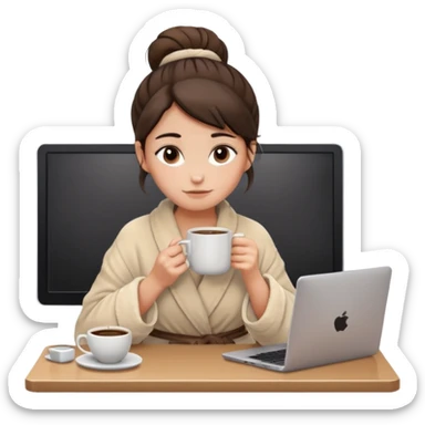 A brunette girl with a bun as hairstyle, with dark brown eyes, dark circles under eyes, tired, sad face, with a mug of coffee in one hand and sitting in front of a computer, wearing a soft fluffy beige robe sticker