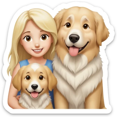 A very large goofy looking great Pyrenees dog with his golden retriever, brother, and a very pretty blonde girl, smiling very big with large eyes sticker