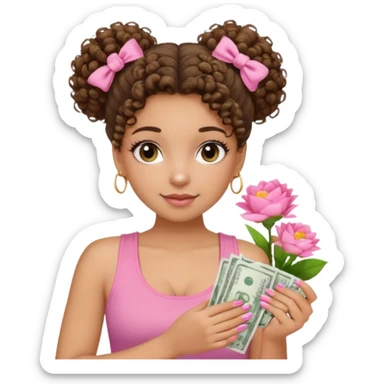 Uma menina com o cabelo cacheado com um Coque com baby hair, morena, e com uma regata rosa com unha em gel,e com dinheiro na mão ,e com flores na outra mão  sticker