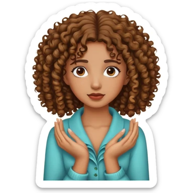 A brown girl with curly hair holding her neck with both hands. sticker