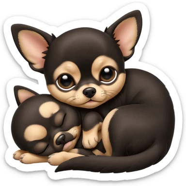 A high-resolution photo-realistic digital illustration of a cute black and tan chihuahua with big eyes shut sleeping lazily on the ground sticker